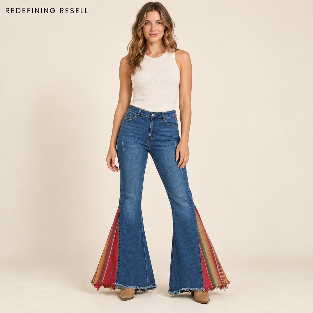 Lucky & Blessed Flare Jeans Medium Wash Serape Striped Gusset Distressed Size 8